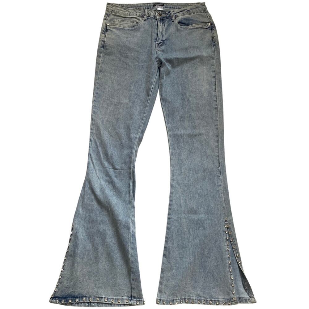 VENUS Light Wash Rhinestone Embellished Split Hem Flare Jeans Women’s Size 10